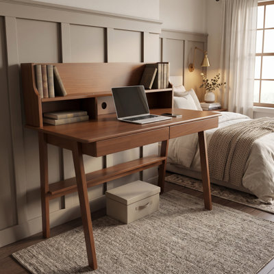Solid Wood Office Desk with Drawer - Mid-Century Modern Writing Desk for Home Workspace
