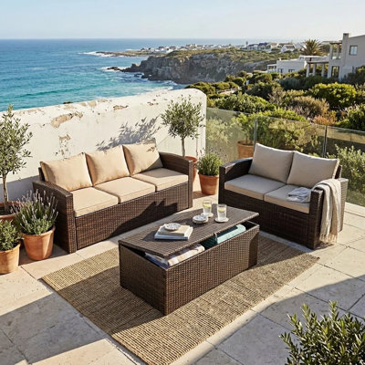 Arlington Outdoor Wicker 5 Person Seating Group With Cushions & Storage
