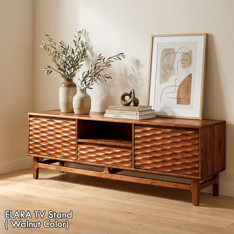 Acacia Elara Walnut Wood TV Stand for TVs up to 80", Solid Wood Walnut Media Console Entertainment Center with Storage Cabinet and Cable Management