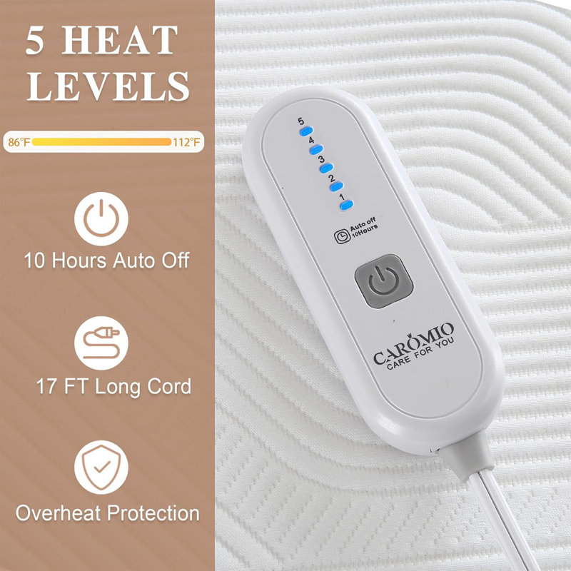 Protège-matelas électrique à 5 réglages de chaleur avec arrêt automatique de 10 heures, Simple, Blanc