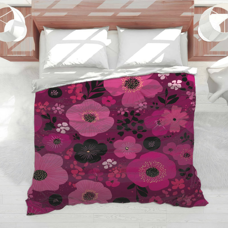 Fleurs, édredon floral, bohème bohémien, Édredon simple extra long, Pink/Black Floral