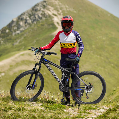 Vélo de montagne de 26 pouces, freins à disque à 21 vitesses, cadre durable, amortisseur à double amortissement avant et arrière, unisexe pour le transport en commun, les voyages, l'école, la montagne et le cyclisme sur route