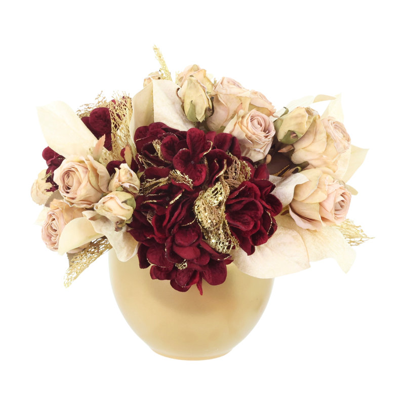 Hydrangea and Magonlia Leaf Holiday Centerpiece, Burgundy
