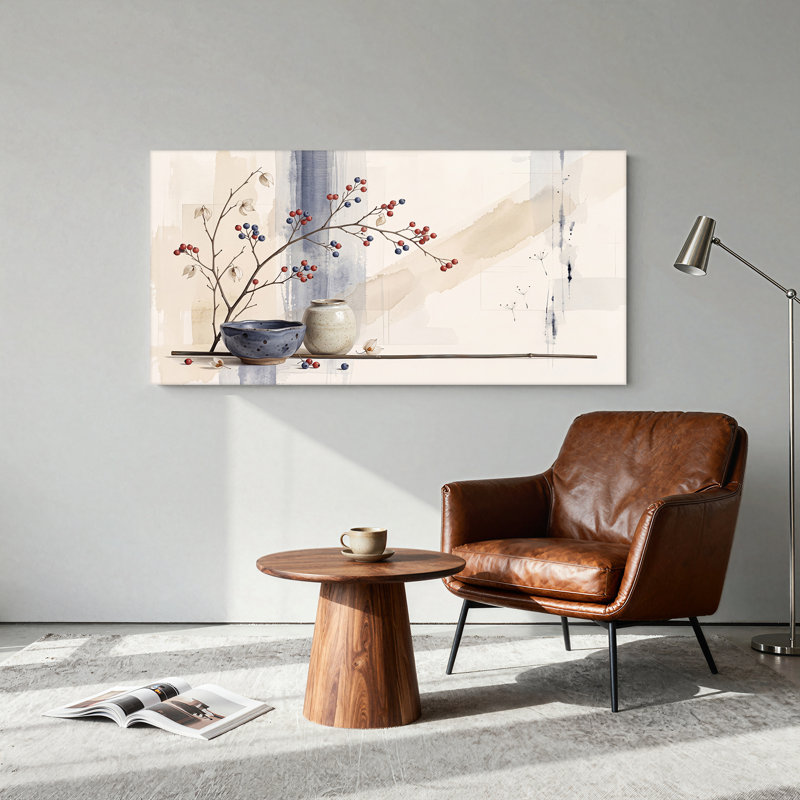 Branches de baies rouges et bleues avec vases en céramique, tableau sur toile aux tons neutres, 40"W x 20"H