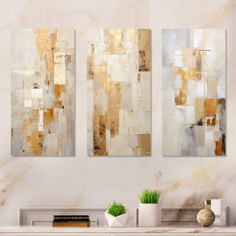 Beige And Gold Dream Collage - Abstract Shapes Metal Wall Art Living Room Set Of 3, 28" H x 36" W