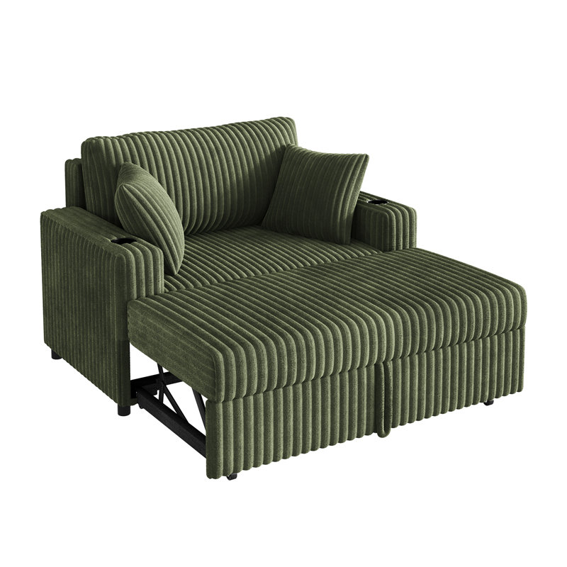 Canapé-lit escamotable avec méridienne, Tissu vertical en velours côtelé vert