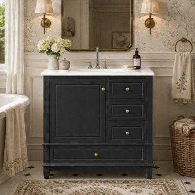 Ensemble de meuble-lavabo moderne avec lavabo en céramique, armoire de rangement avec cadre en bois massif et tablettes de porte intégrées