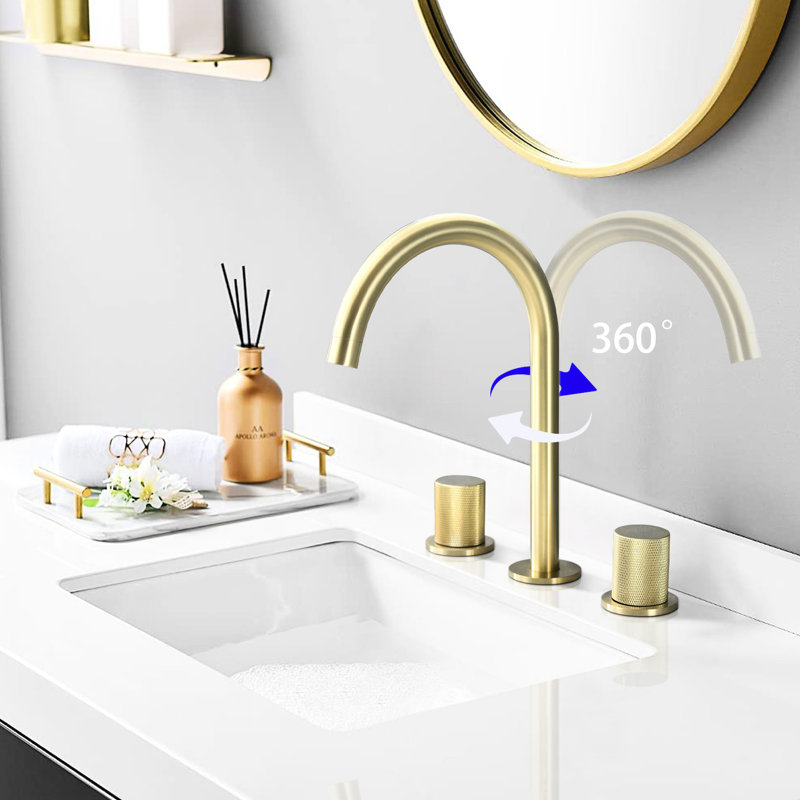 Robinet de lavabo pour salle de bain à deux poignées - 8 po de large, doré brossé, rotatif à 360 ° pour une utilisation pratique, finition dorée, poignées, rayures et attrait esthétique terni