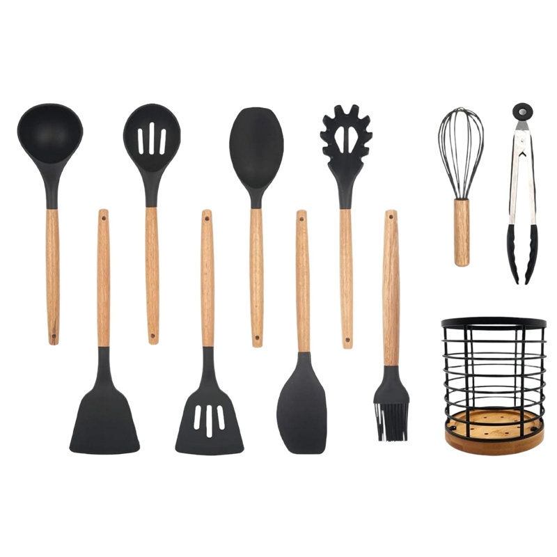 12 Pcs Silicone Kitchen Utensil Sets, Wooden Handle Cooking Utensils Set with Utensil Holder