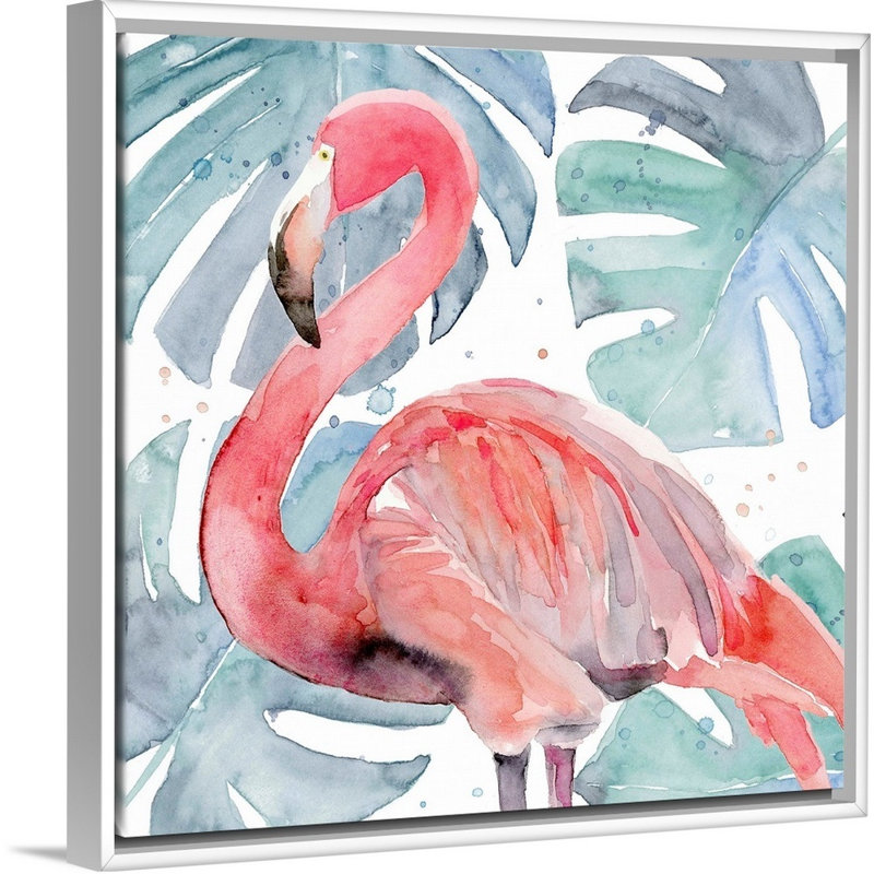 «Flamingo Splash II», art mural sur toile, Toile avec cadre blanc, H 32 po x l 32 po