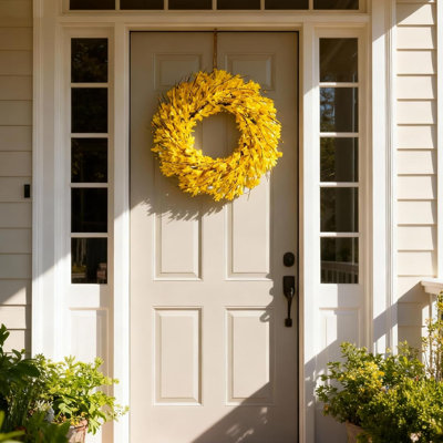 Couronne de fleur de forsythia artificielle, couronne de porte florale en soie jaune pour la porte d'entrée, printemps été automne maison, porche de ferme et décoration de patio