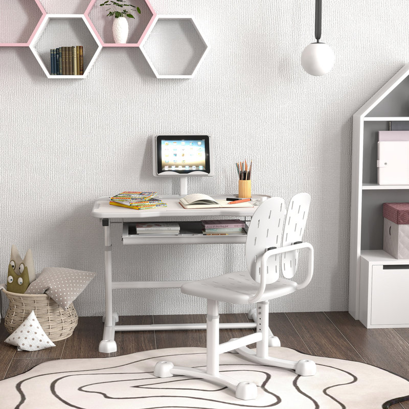 Qaba Kids Desk And Chair Set, Height Adjustable Kids Study Table And Chair Set With Tilt Desktop, Large Writing Board, Storage Drawer, Book Stand For 3-12 Years