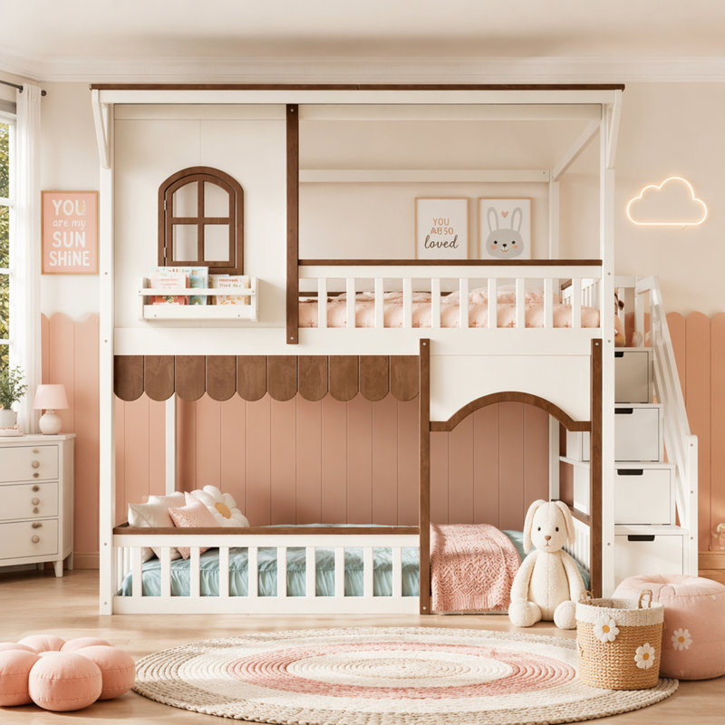 Lit superposé House avec escalier de rangement, fenêtre et bibliothèque latérale, espace inférieur convertible pour dormir ou jouer, structure en bois massif