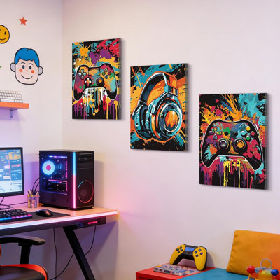 Framed Cool Gaming Wall Art Video Game Watercolor Graffiti Pictures Neon Gamepad Video Gamer Room Decor For Teenage Boys Gamer Room Decoration 12X16inx3pcs