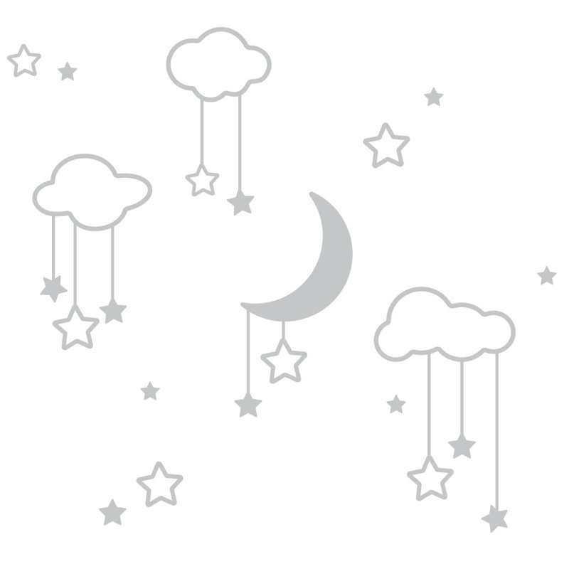 Décalcomanie murale étoiles et nuages lune, H 36 po x l 39 po x P 0,01 po, Gris clair