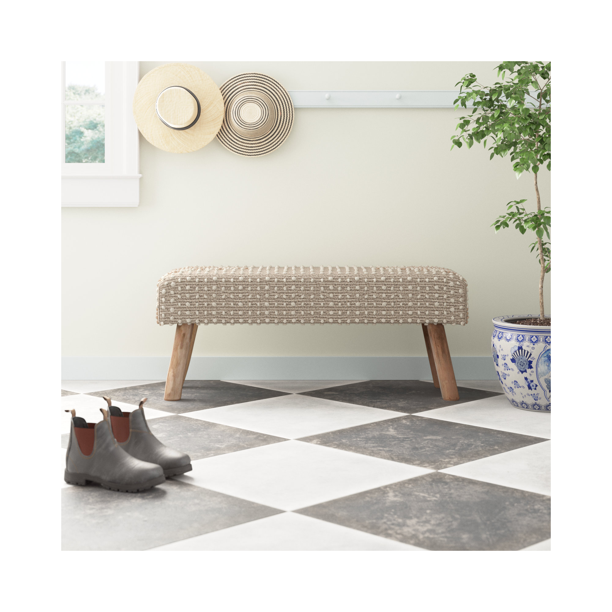 Verada 48-inch Long Handwoven Natural Wool and Eucalyptus Wood Bench