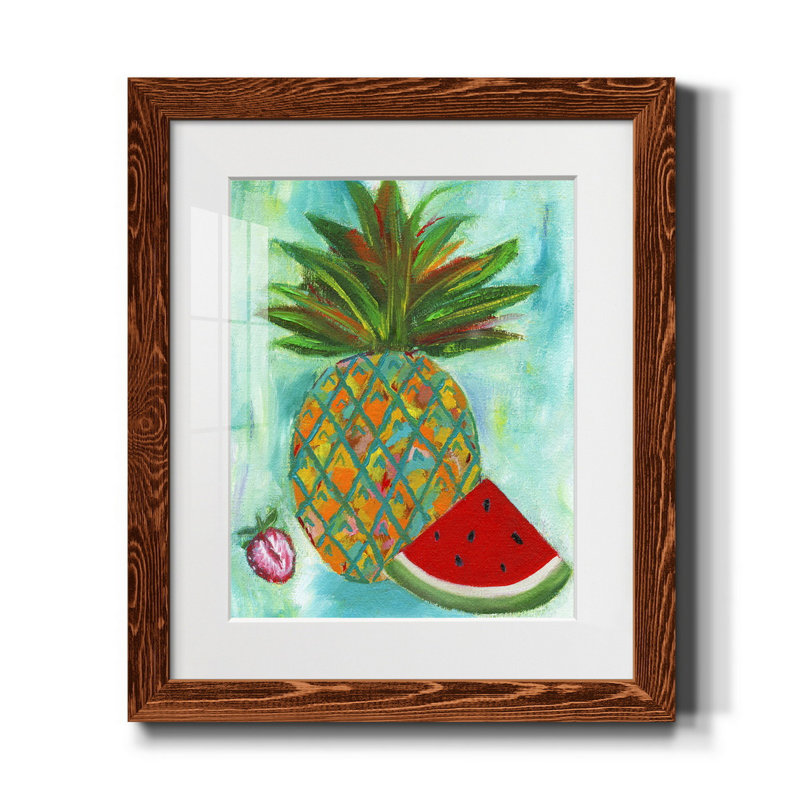 Ananas et melon d'eau II - reproduction de peinture sur papier encadrée, Papier avec cadre érable