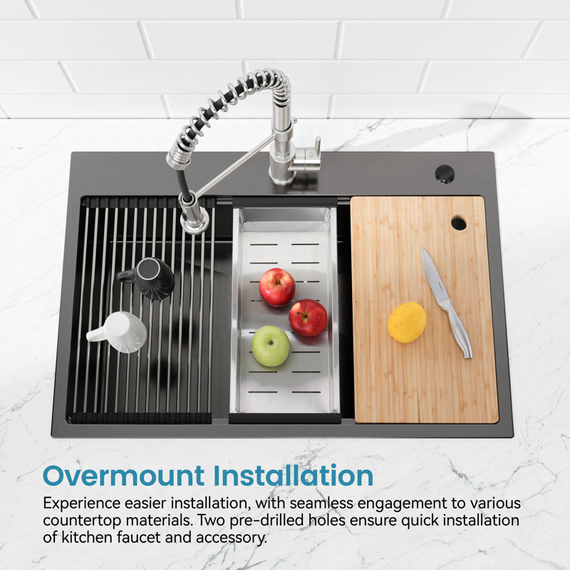 Évier de cuisine à simple cuve en acier inoxydable 33 po x 22 po Overmount, Noir mat