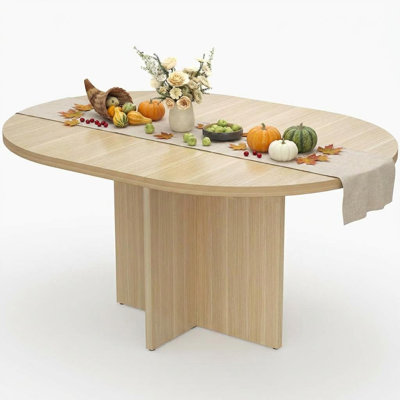 43.3in-59in Extendable Round Dining Table for 4-6, Space Saving Kitchen Table with Removable Leaves, Oval Dinner Table for Dining Room, Kitchen, Living Room