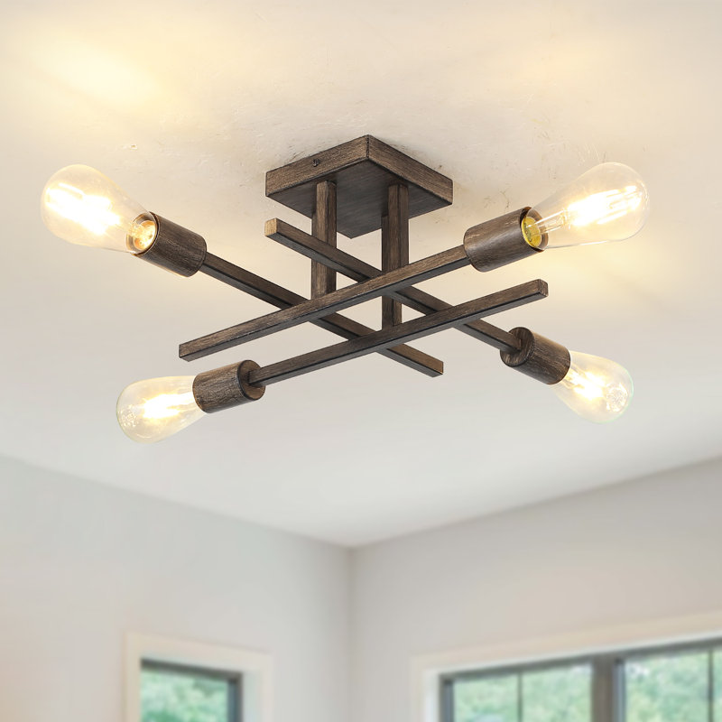 Doraelia 4-Light 18.11'' Dimmable Sputnik Modern Linear Chandelier Semi Flush Mount Ceiling Fixture, Imitation Wood/Brown
