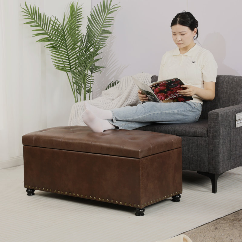 Kenwith 17.32" Wide Faux Leather Rectangle Storage Ottoman, Coffee Brown Faux Leather