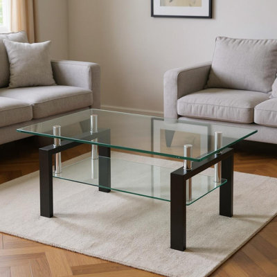 39" Clear and Black Glass and Steel Coffee Table With Shelf by Wrought Studio