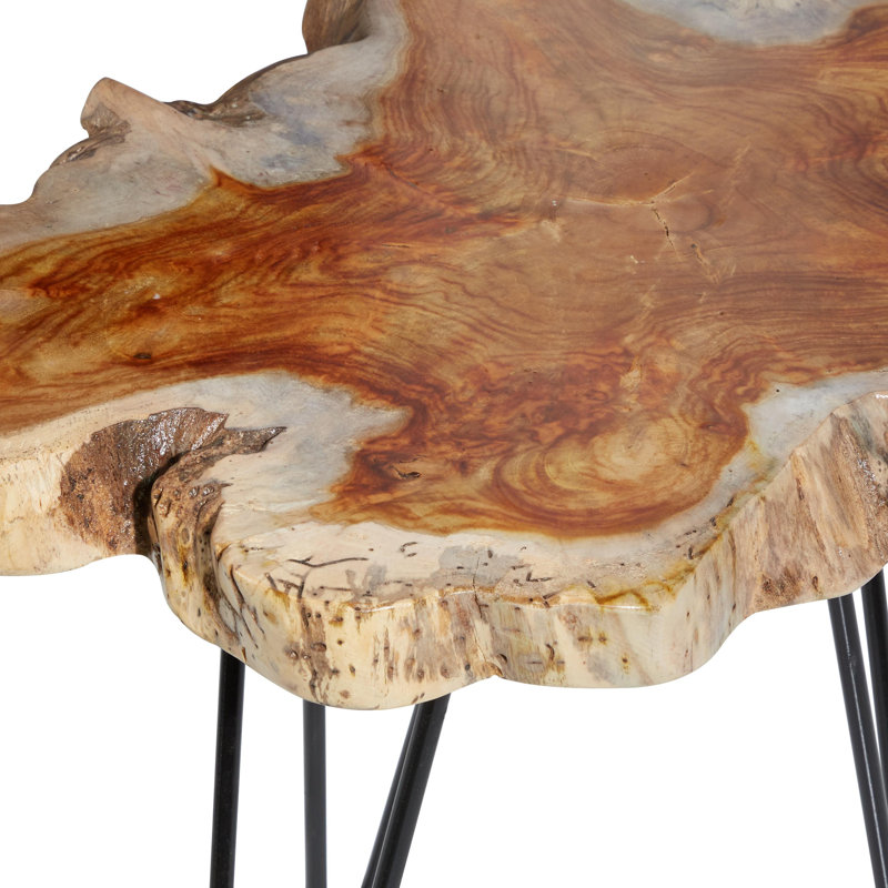 Binoche 2 Piece Brown Teak Wood Live Edge Top Accent Table with Black Metal Hairpin Legs Set