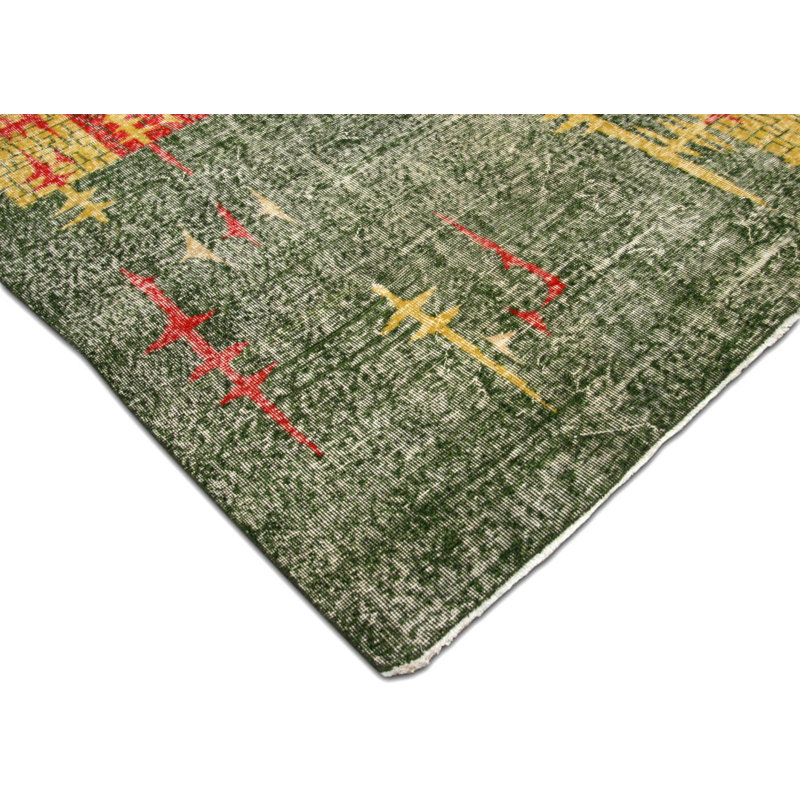 One-of-a-Kind Hand-Knotted 1960s 6'6" x 10'8" Wool Area Rug in Dark Green/Red/Yellow