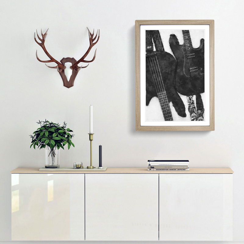 Bass & Electric Guitar - Picture Frame Graphic Art Print, 63cm H x 45cm W x 2cm D, Oak Framed