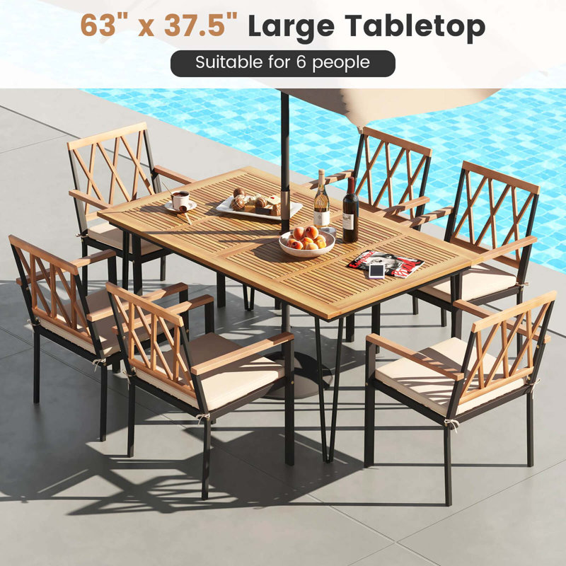 Outdoor Dining Table With Acacia Wood Tabletop & Metal Legs Umbrella Hole, 29.5"H x 37.5"L x 63"H