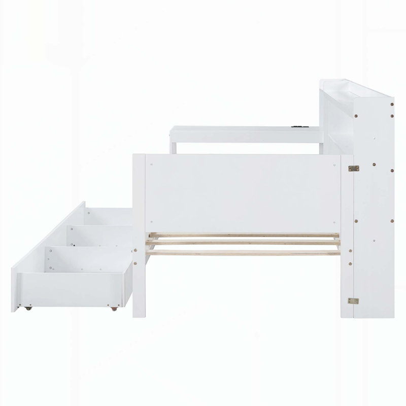Lit de jour polyvalent en bois avec trois tiroirs, ports USB et bureau, idéal pour une vie confortable et une utilisation efficace de l'espace