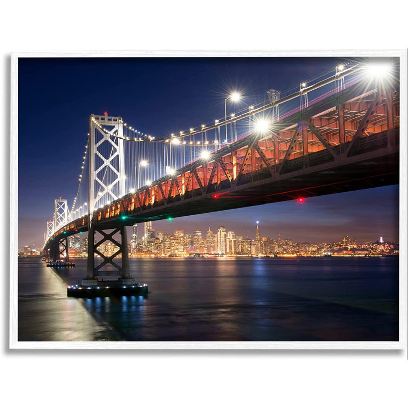 Illuminated Water Ocean Bridge Urban City Skyline, 20" W x 20" H, Coastal White Framed Giclee