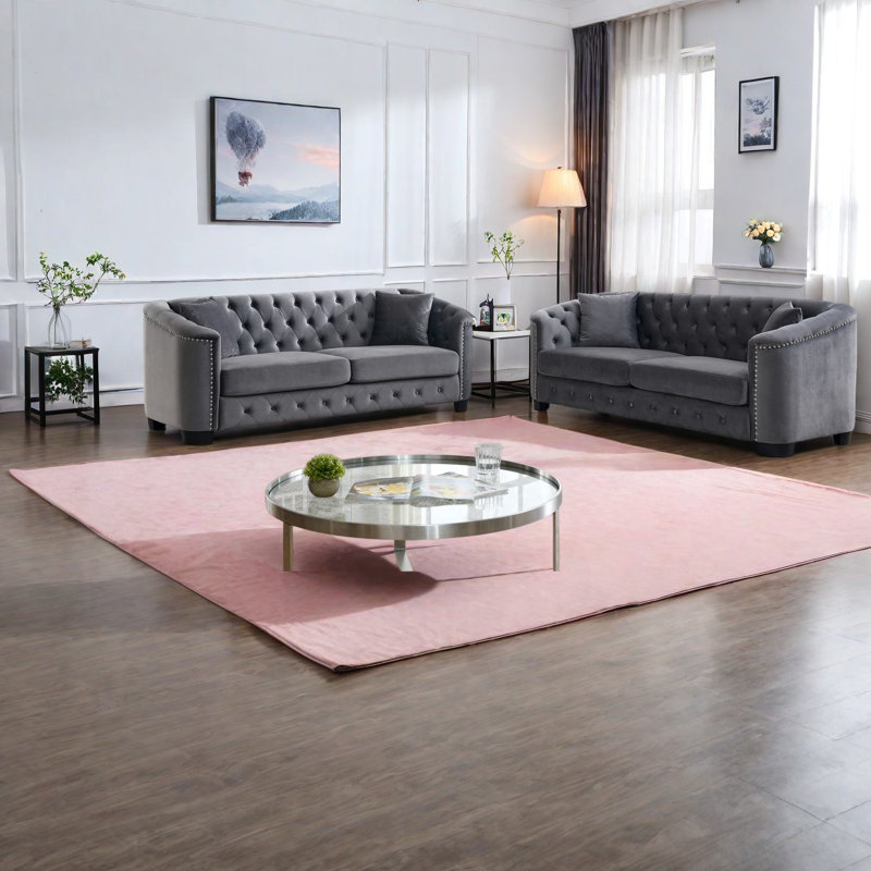Ensemble de canapés en velours gris moderne, style Chesterfield 6 places, salon familial