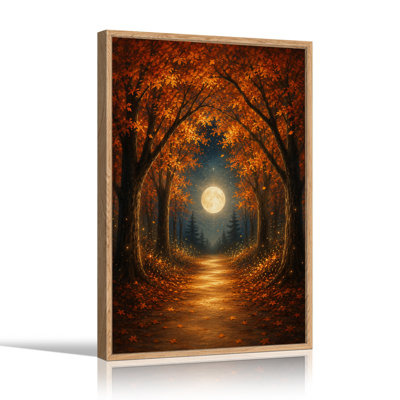 Art sur toile orange, arbres d'automne orange encadrant la pleine lune sur forêt