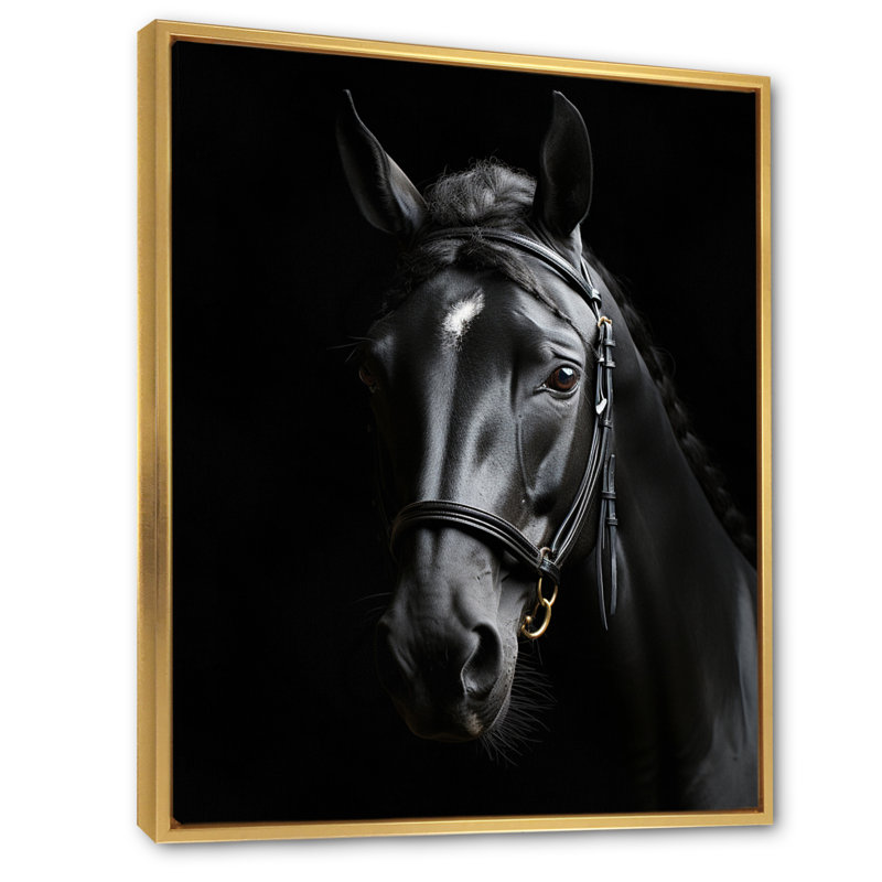 Latifat noir et blanc, cheval, élégance - art sur toile, Cadre flottant doré, H 20 po x l 12 po x P 1 po