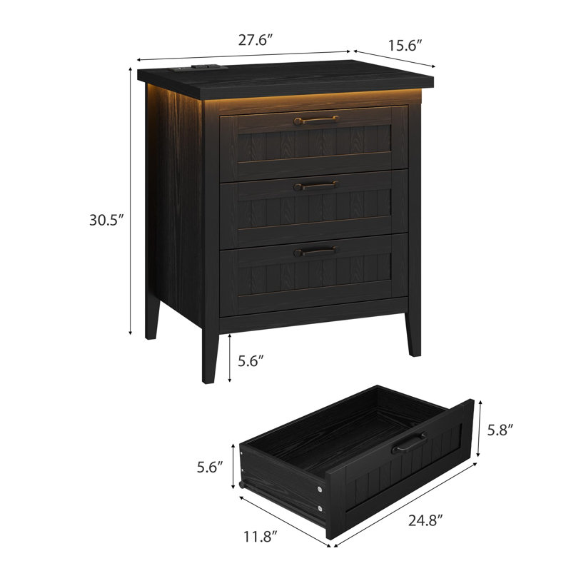 3-Drawer Nightstand with Charging – LED Lights, Modern Wood Dresser for Bedroom Storage (Black Dark Oak), Black