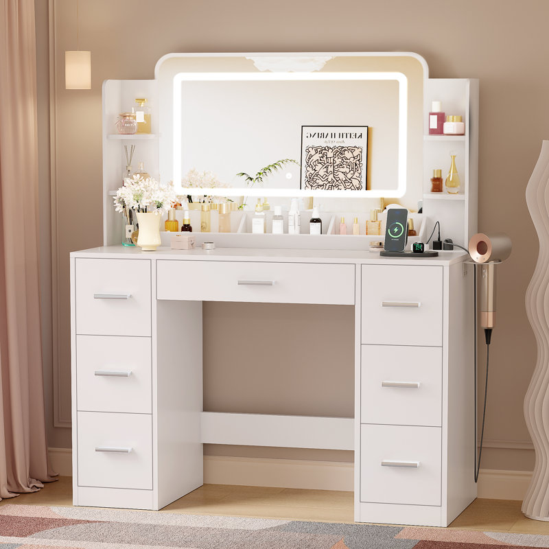 Vanity Desk with Mirror and Lights, 43.3" Makeup Vanity with 7 Drawers, LED Mirror, Charging Station & Hair Dryer Rack, White