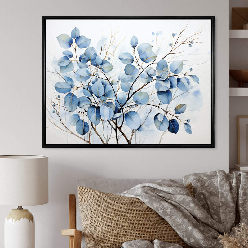 Art mural bleu et gris avec feuilles sur une branche III - feuilles, H 30 po x l 40 po x P 1,5 po, Cadre flottant noir