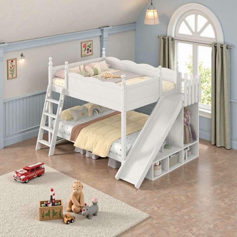 Lit superposé double au-dessus de double avec glissière, échelle et tablettes de rangement AVELOR, Beige
