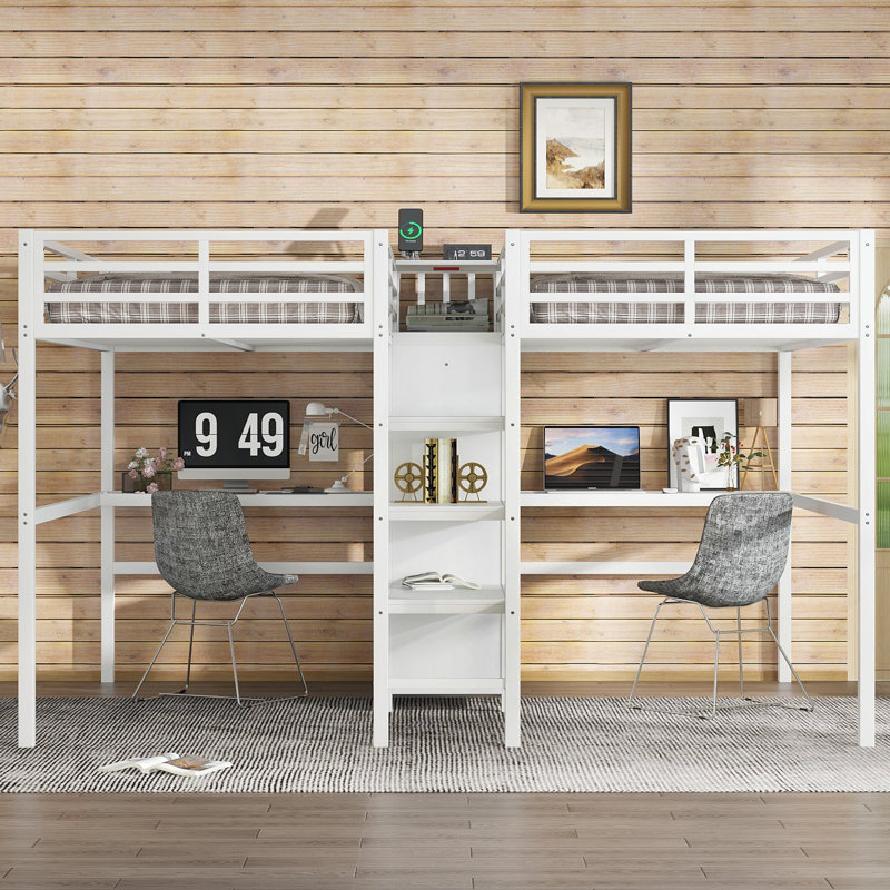Twin Over Twin Metal Loft Bed with Desk, Wardrobe & Shelves, Space-Saving White