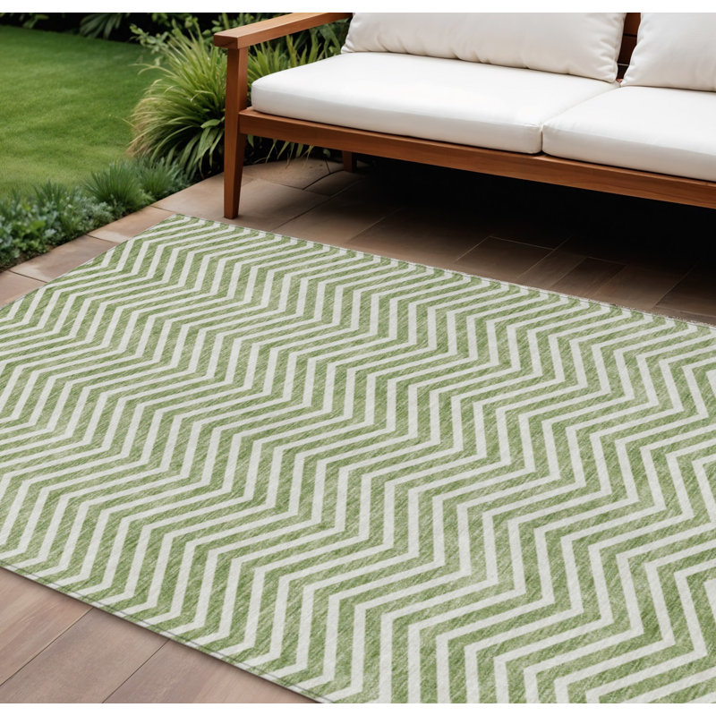 8' X 10' Green Chevron Washable Indoor Outdoor Area Rug