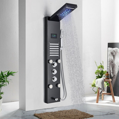 Black LED Rainfall Waterfall Shower Panel Tower Rain Massage Body System Jet