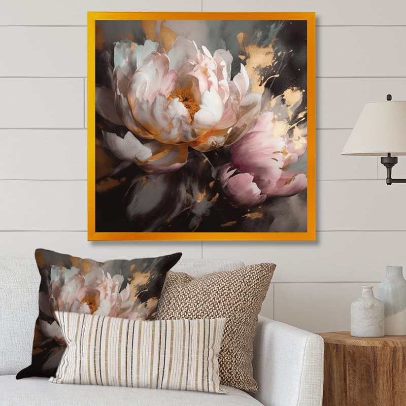 Marbre rose doré, pivoine V, reproduction d'art sur toile, H 30 po x l 30 po, Encadrement doré
