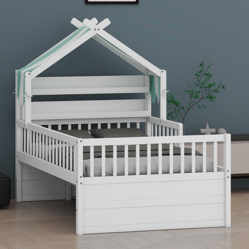 Structure de lit inspirée d'une maisonnette avec lit gigogne intégré pour enfants, Blanc