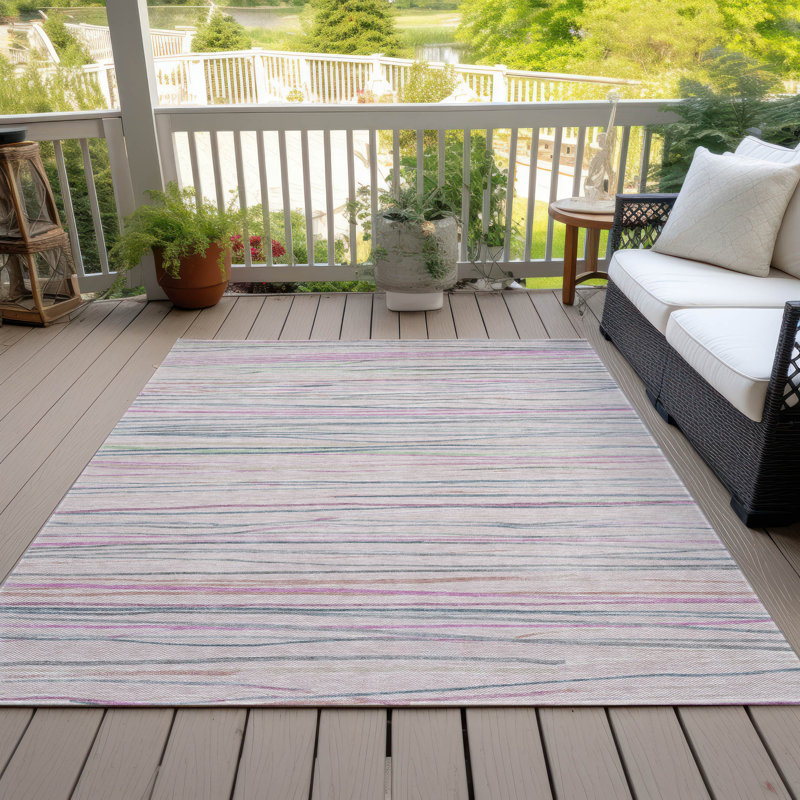 Pink and Gray Striped Synthetic Washable Rug 3' x 5'