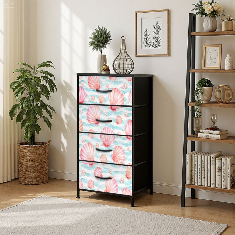 Commode 4 tiroirs avec rangement vertical et perles de coquillage roses avec poignées en bois