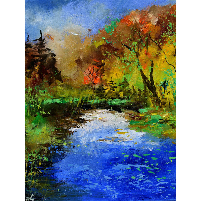 Rivière en automne par Pol Ledent - Peinture, H 31,25 po x l 25,25 po, Papier avec cadre noir