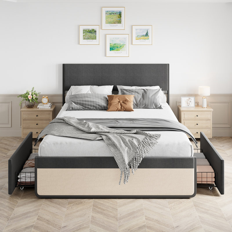 Upholstered Platform Bed Frame with 2 Storage Drawers, Linen Headboard - Noise-Free Metal Slat Support, No Box Spring Needed, Easy Assembly