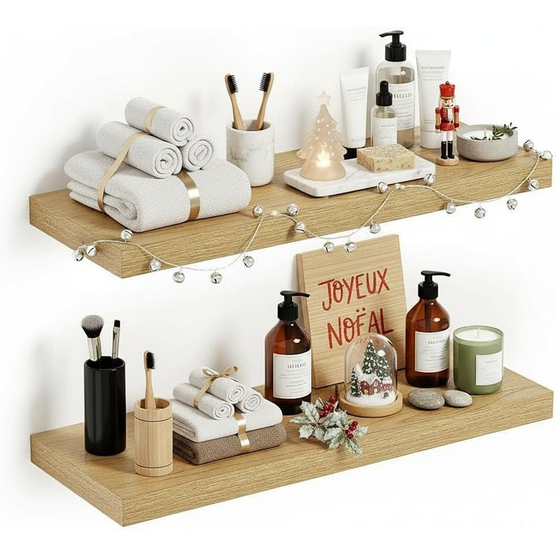 24" Deep Floating Wall Shelves Set Of 2, Oak Wood Shelves With Hidden Brackets