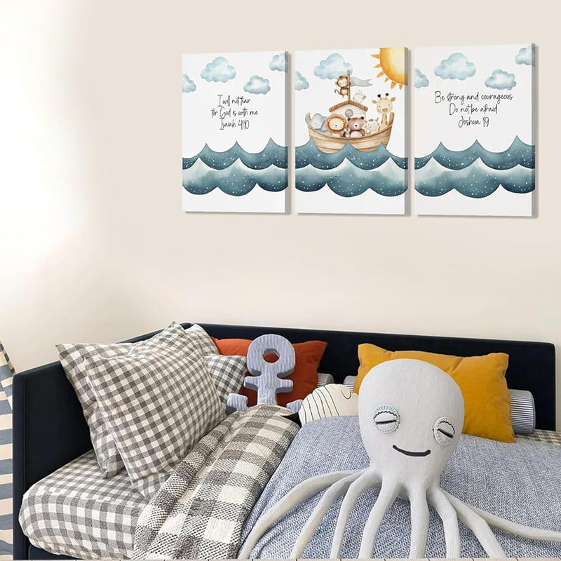 3Pcs Bible Verse Wall Art Noahs Ark Nursery Painting Picture Christian Inspirational Wall Decor Religious Educational Posters Prints For Kids Bedroom Classroom Home Decoration